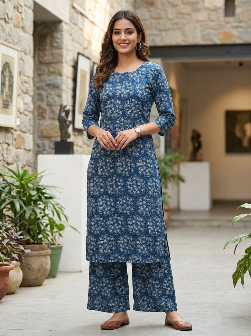 Blue Ethnic Floral Medallion Pure Cotton Digital Printed Fabric