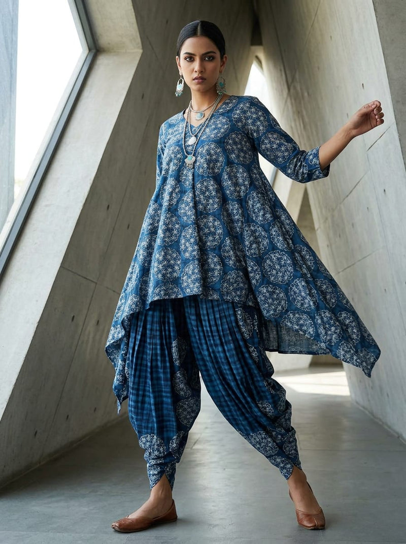 Blue Ethnic Floral Medallion Pure Cotton Digital Printed Fabric