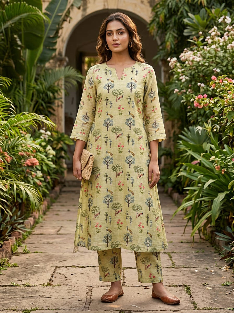 Green Ethnic Bird and Tree Pure Muslin Digital Printed Fabric