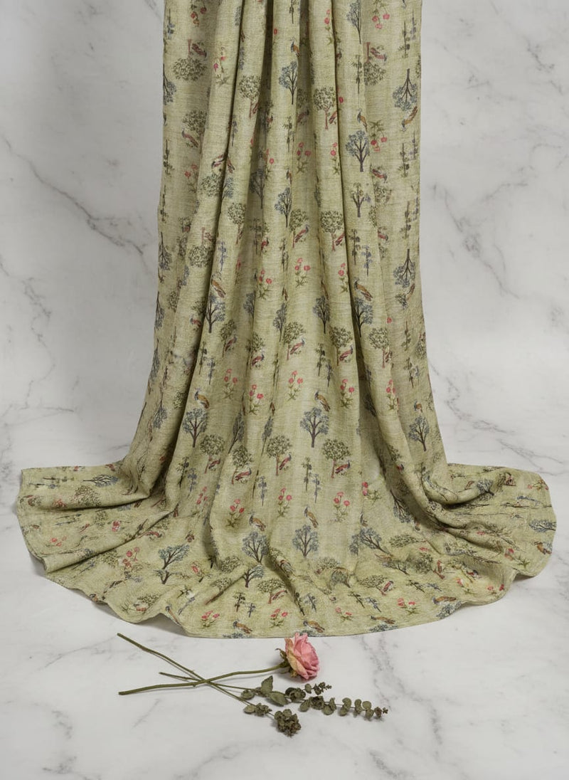 Pista Chinoiserie With Birds Digital Printed Fabric - Pure Muslin