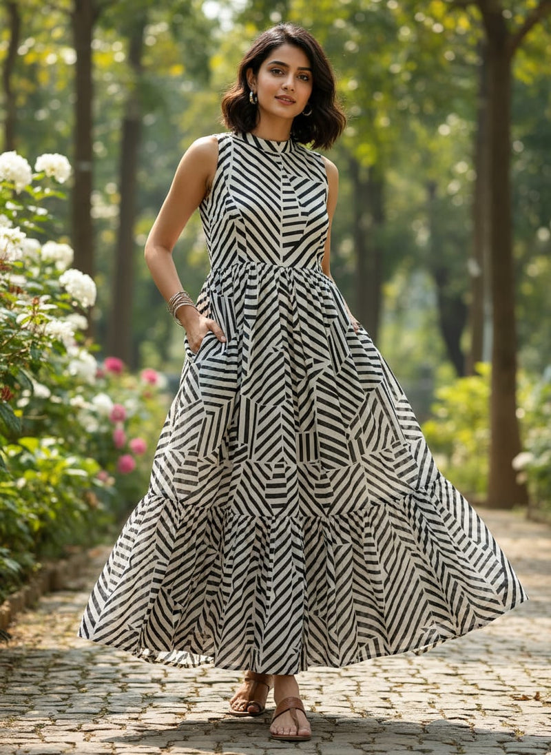 Attractive Black Strips With Bone Colour Digital Printed Fabric - Pure Muslin