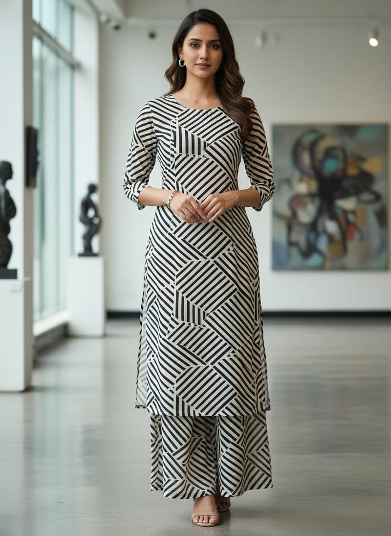 Attractive Black Strips With Bone Colour Digital Printed Fabric - Pure Muslin