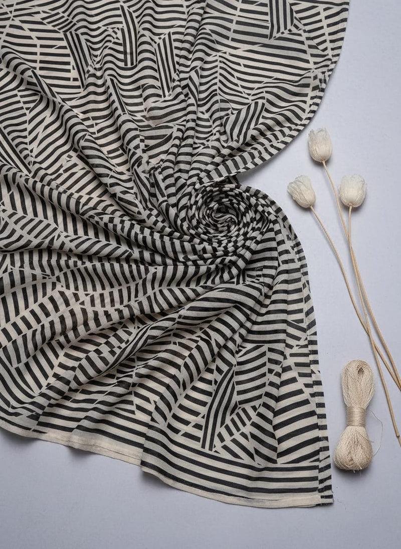 Attractive Black Strips With Bone Colour Digital Printed Fabric - Pure Muslin