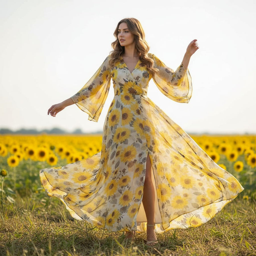 Morden Classic Yellow Sunflower Digital Printed Fabric - Pure Chiffon