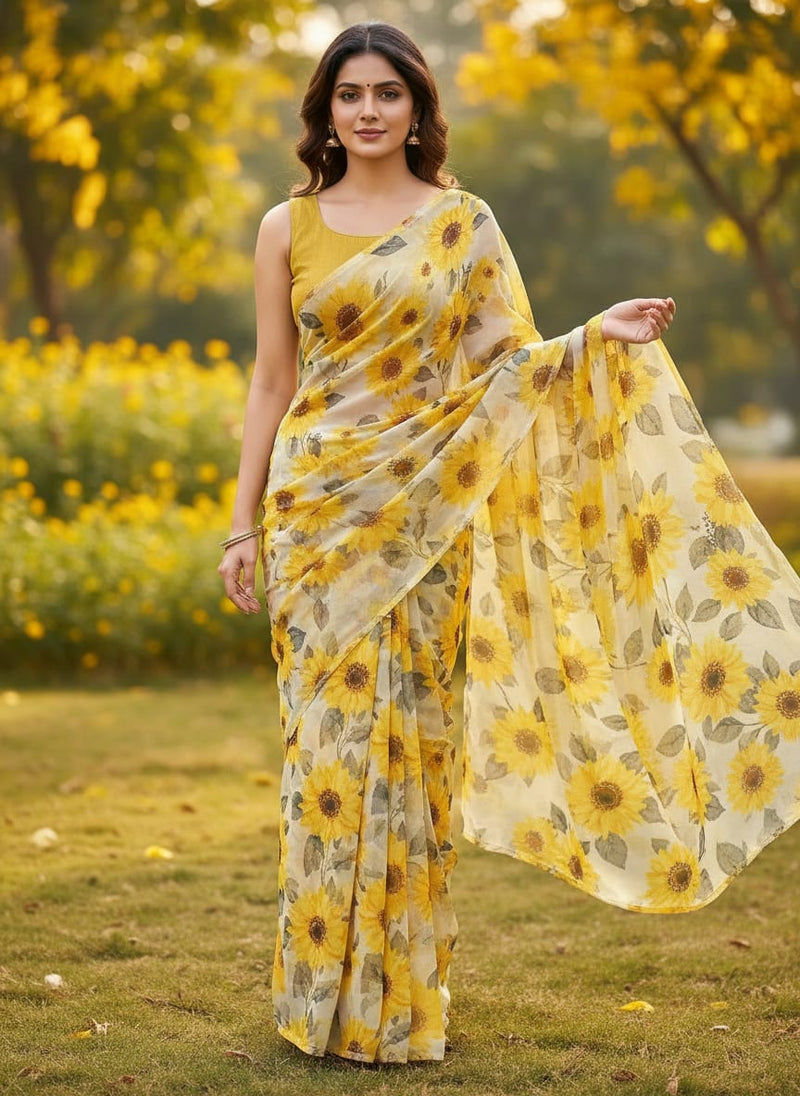 Morden Classic Yellow Sunflower Digital Printed Fabric - Pure Chiffon