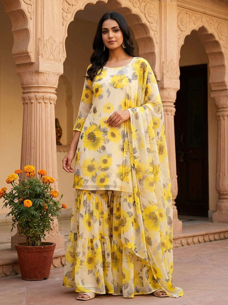 Yellow Watercolor Sunflower Floral Pure Chiffon Digital Printed Fabric