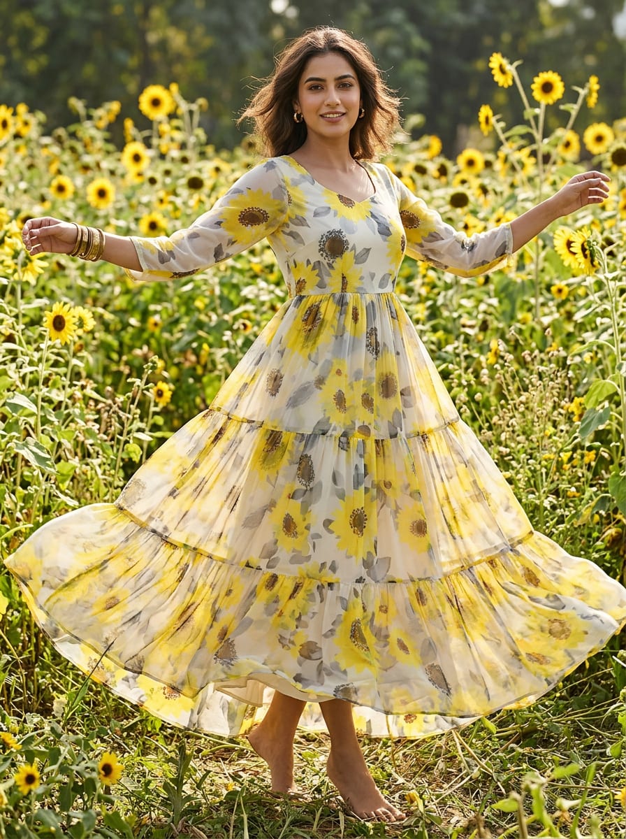 Yellow Watercolor Sunflower Floral Pure Chiffon Digital Printed Fabric