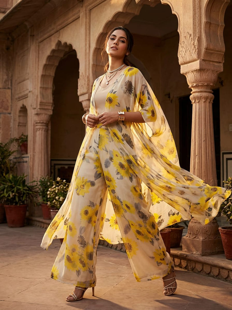 Yellow Watercolor Sunflower Floral Pure Chiffon Digital Printed Fabric