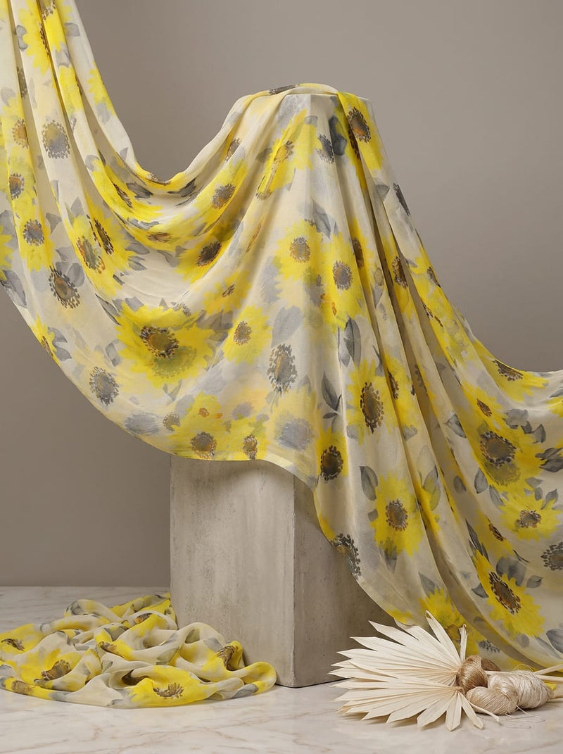 Yellow Watercolor Sunflower Floral Pure Chiffon Digital Printed Fabric