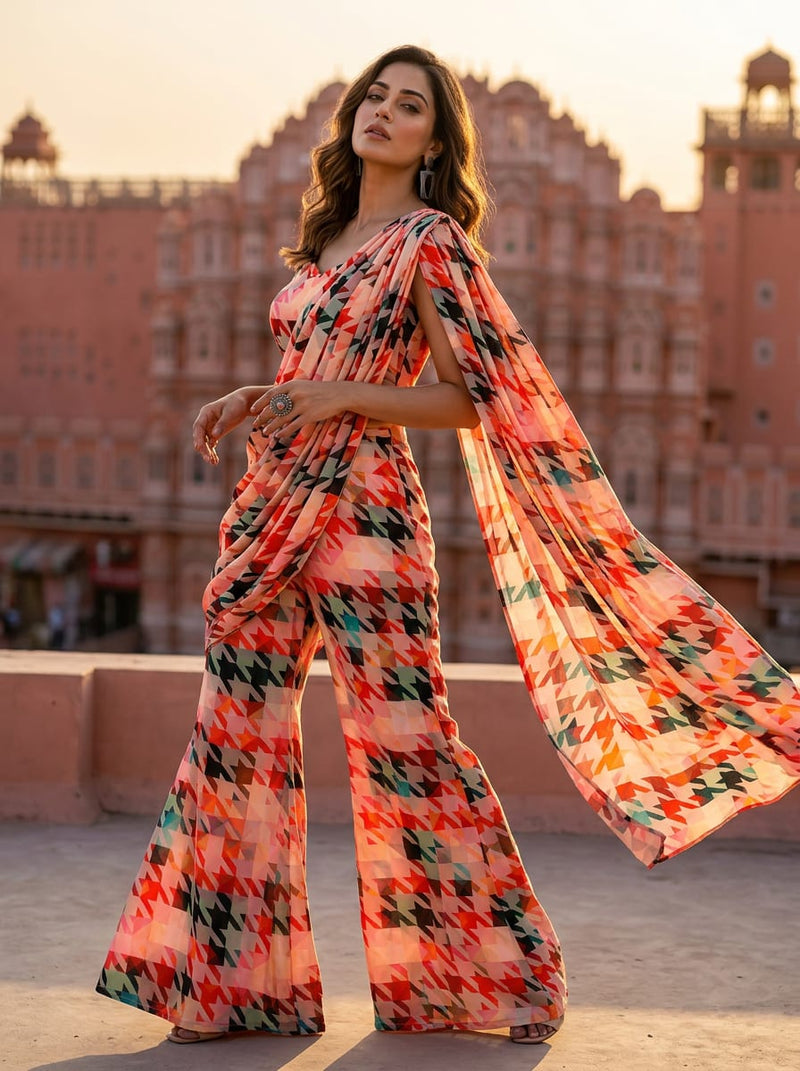 Multicolor Abstract Geometric Houndstooth Silk Crepe Digital Printed Fabric
