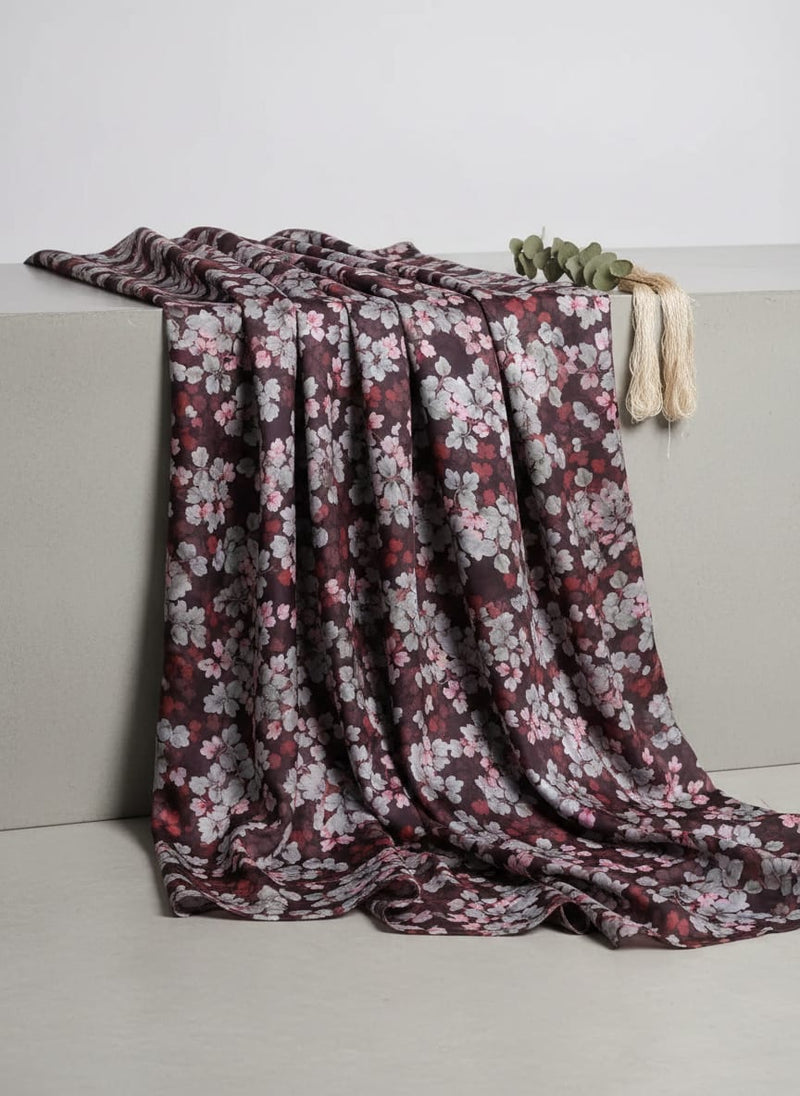 Beautiful Pink With Grey Leaves Digital Printed Fabric - Japan Satin