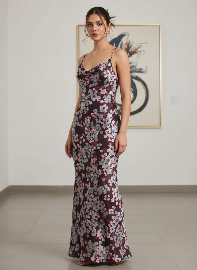 Beautiful Pink With Grey Leaves Digital Printed Fabric - Japan Satin