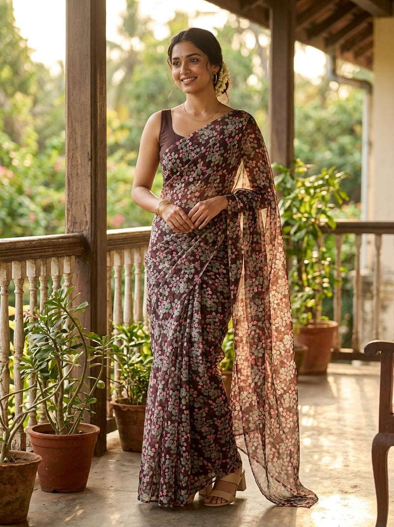 Brown Ditsy Floral Botanical Print Weightless Digital Printed Fabric
