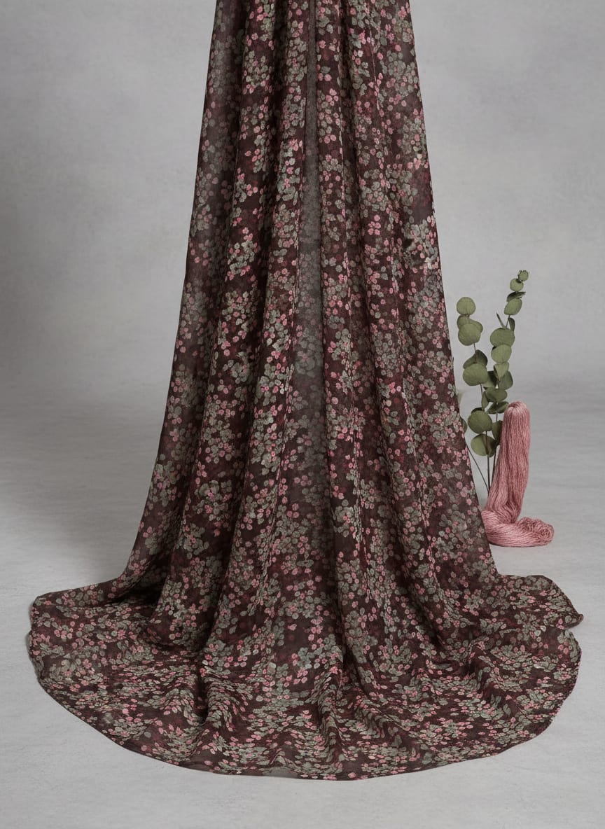 Beautiful Pink With Grey Leaves Digital Printed Fabric - Poly Muslin
