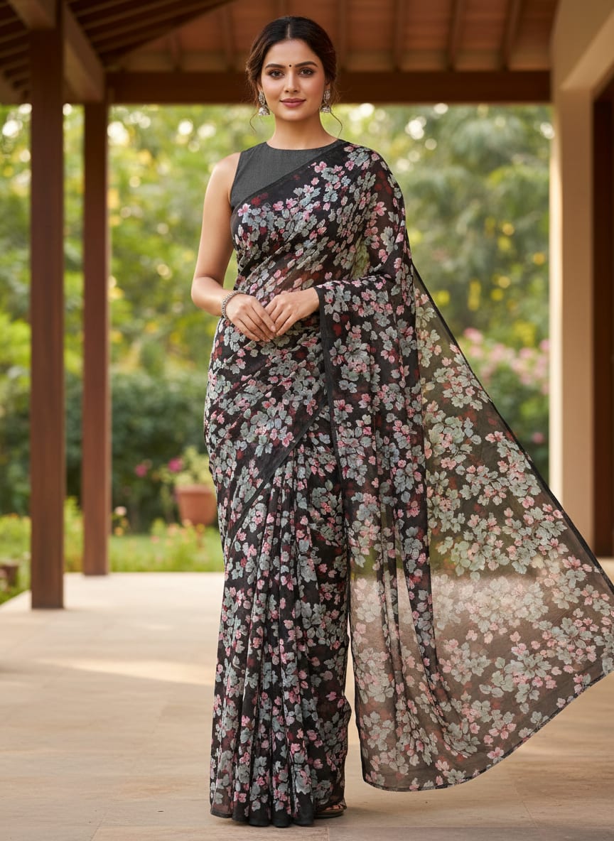 Beautiful Pink With Grey Leaves Digital Printed Fabric - Silk Crepe