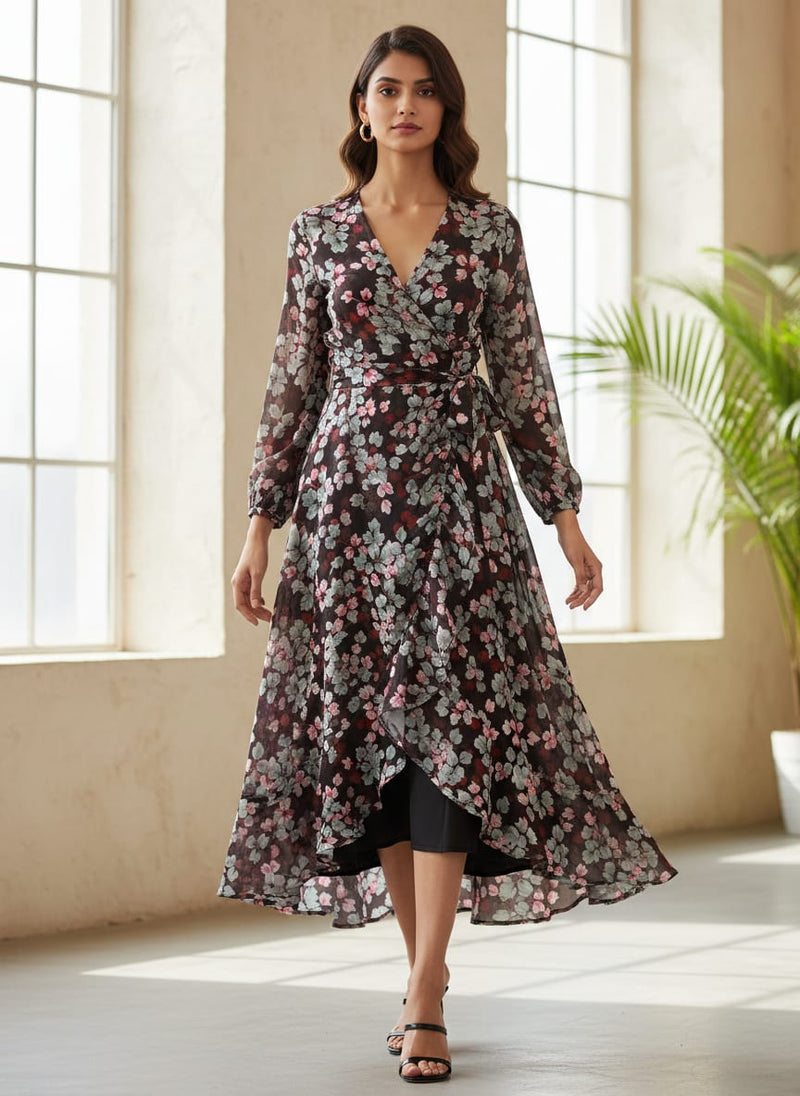 Beautiful Pink With Grey Leaves Digital Printed Fabric - Silk Crepe