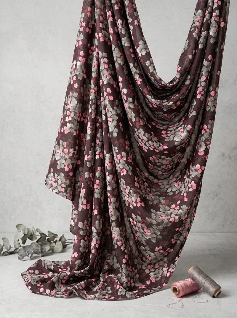 Brown Ditsy Floral Leaf Clusters Pure Muslin Digital Printed Fabric