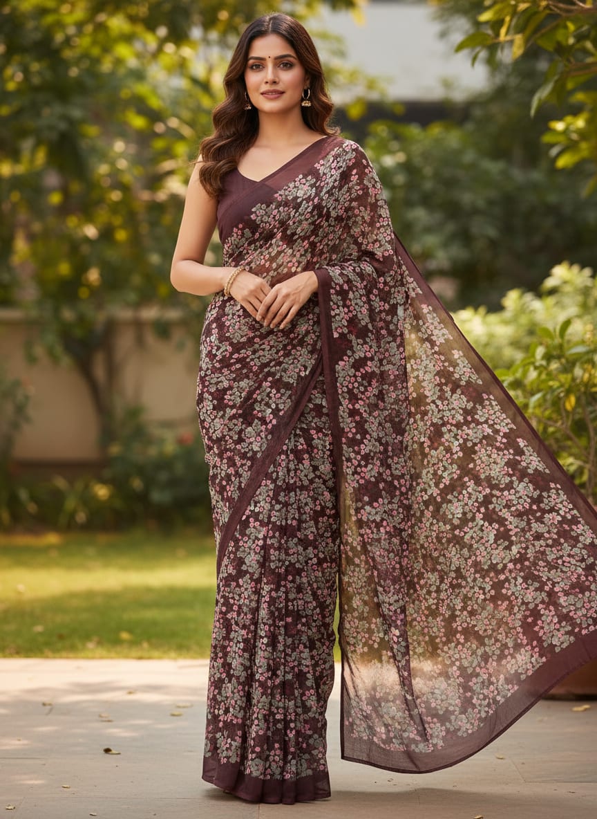 Beautiful Pink With Grey Leaves Digital Printed Fabric - Pure Georgette