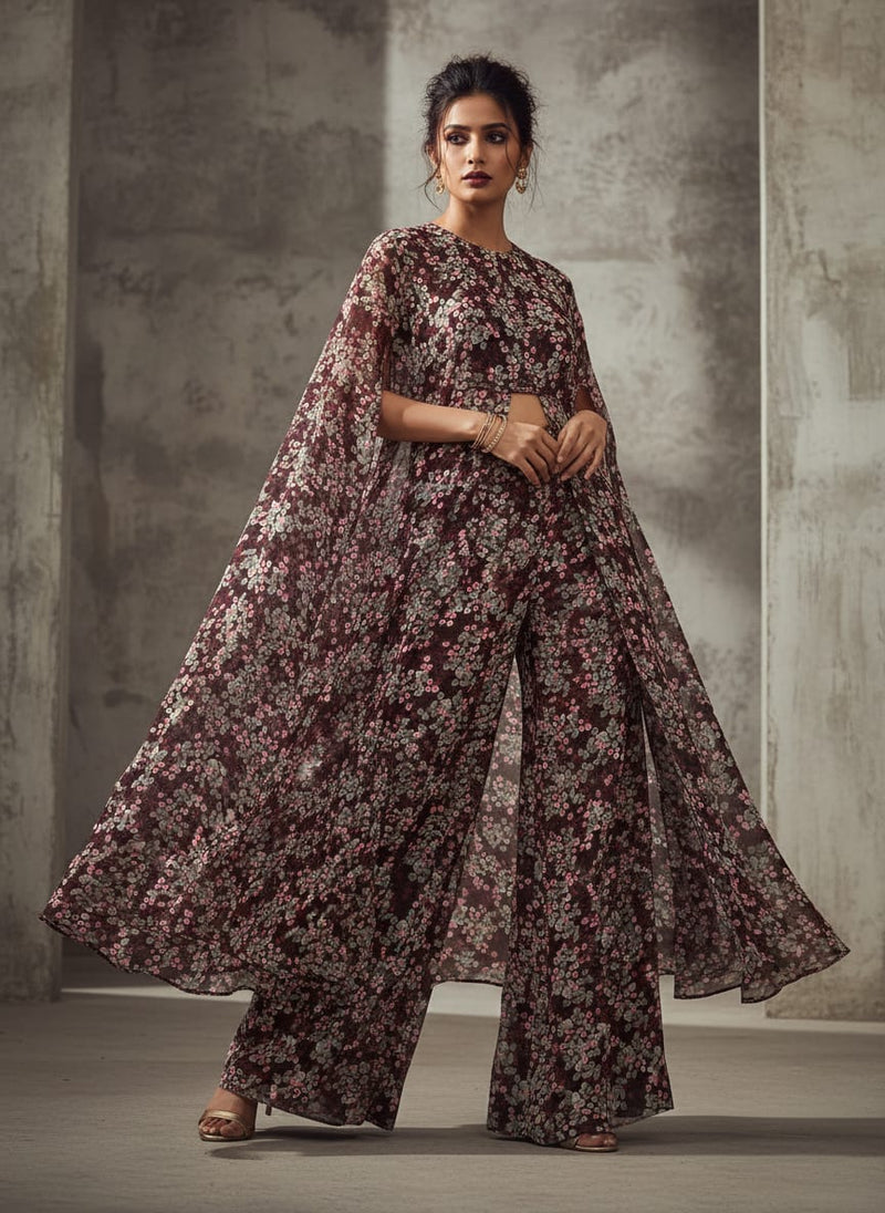 Beautiful Pink With Grey Leaves Digital Printed Fabric - Pure Georgette