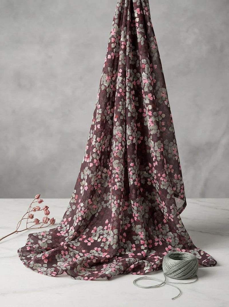Brown Ditsy Botanical Floral Pure Georgette Digital Printed Fabric