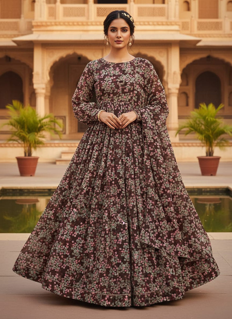 Beautiful Pink With Grey Leaves Digital Printed Fabric - Pure Georgette