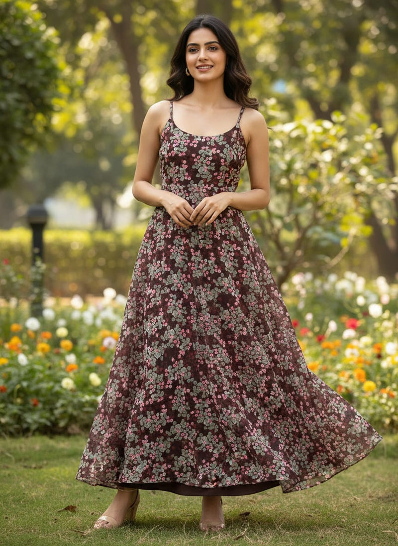 Beautiful Pink With Grey Leaves Digital Printed Fabric - Pure Georgette