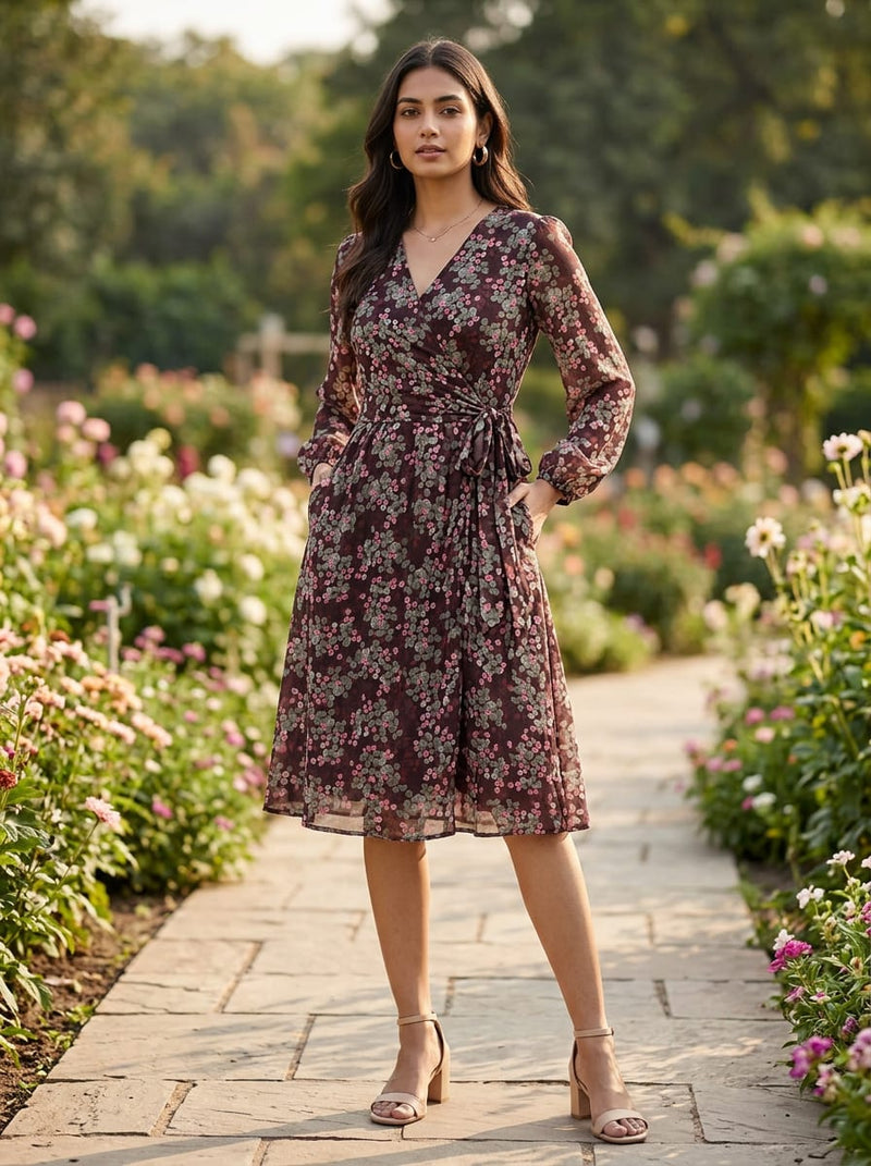 Brown Ditsy Botanical Floral Pure Georgette Digital Printed Fabric