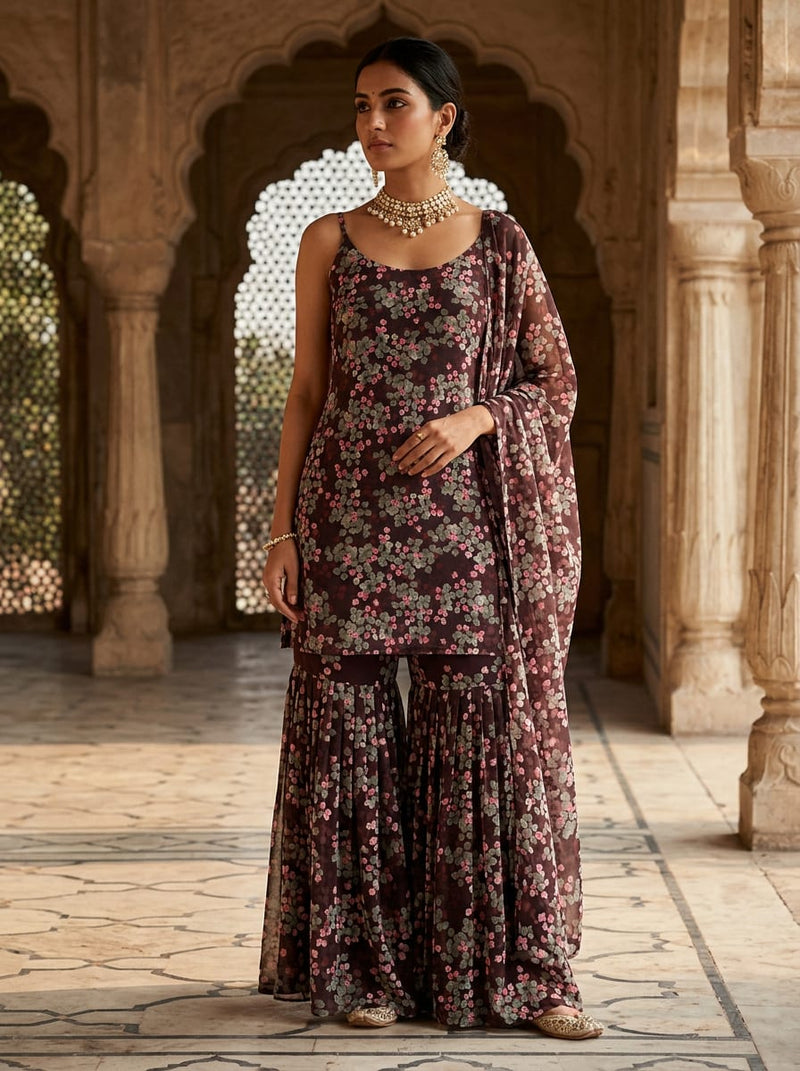 Brown Ditsy Botanical Floral Pure Georgette Digital Printed Fabric