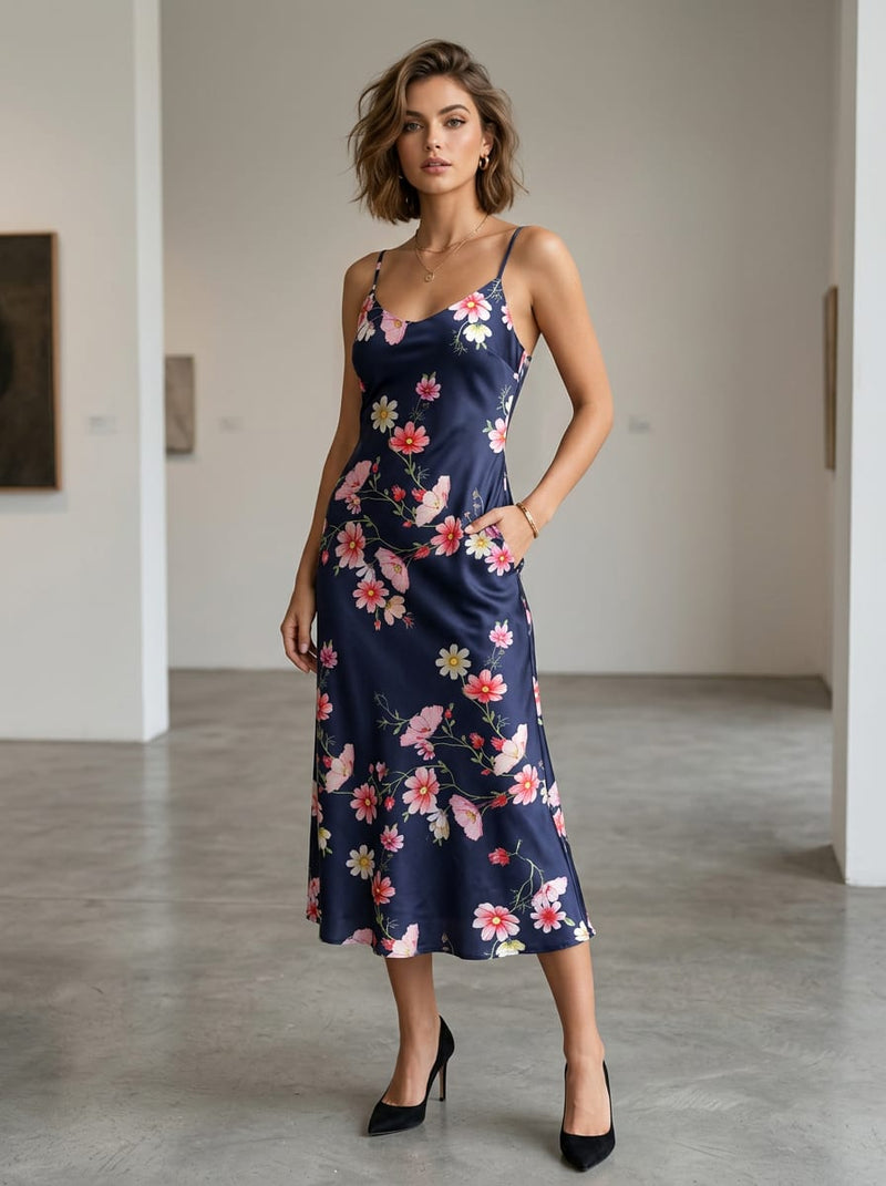 Navy Dainty Floral Print Japan Satin Digital Printed Fabric