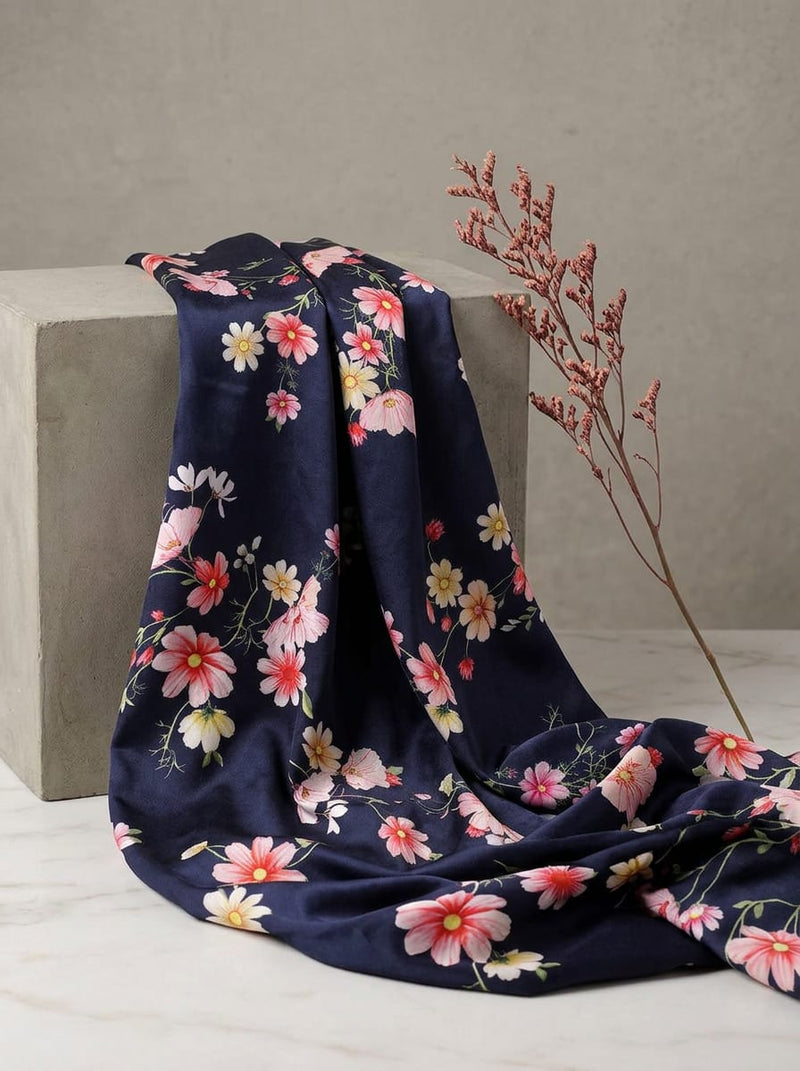 Navy Dainty Floral Print Japan Satin Digital Printed Fabric