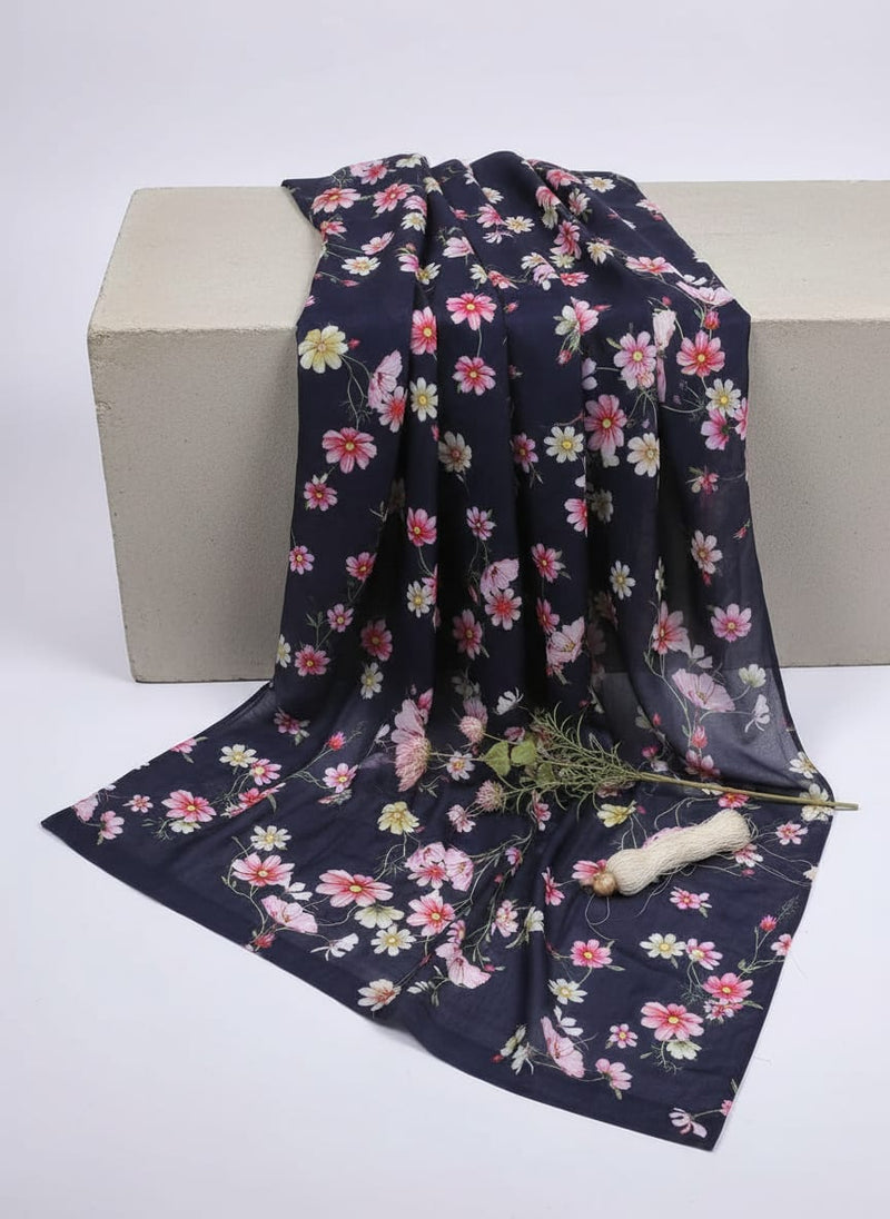 Tiny Colorfull Orchids Floral With Blue Background Digital Printed Fabric - Kora Silk