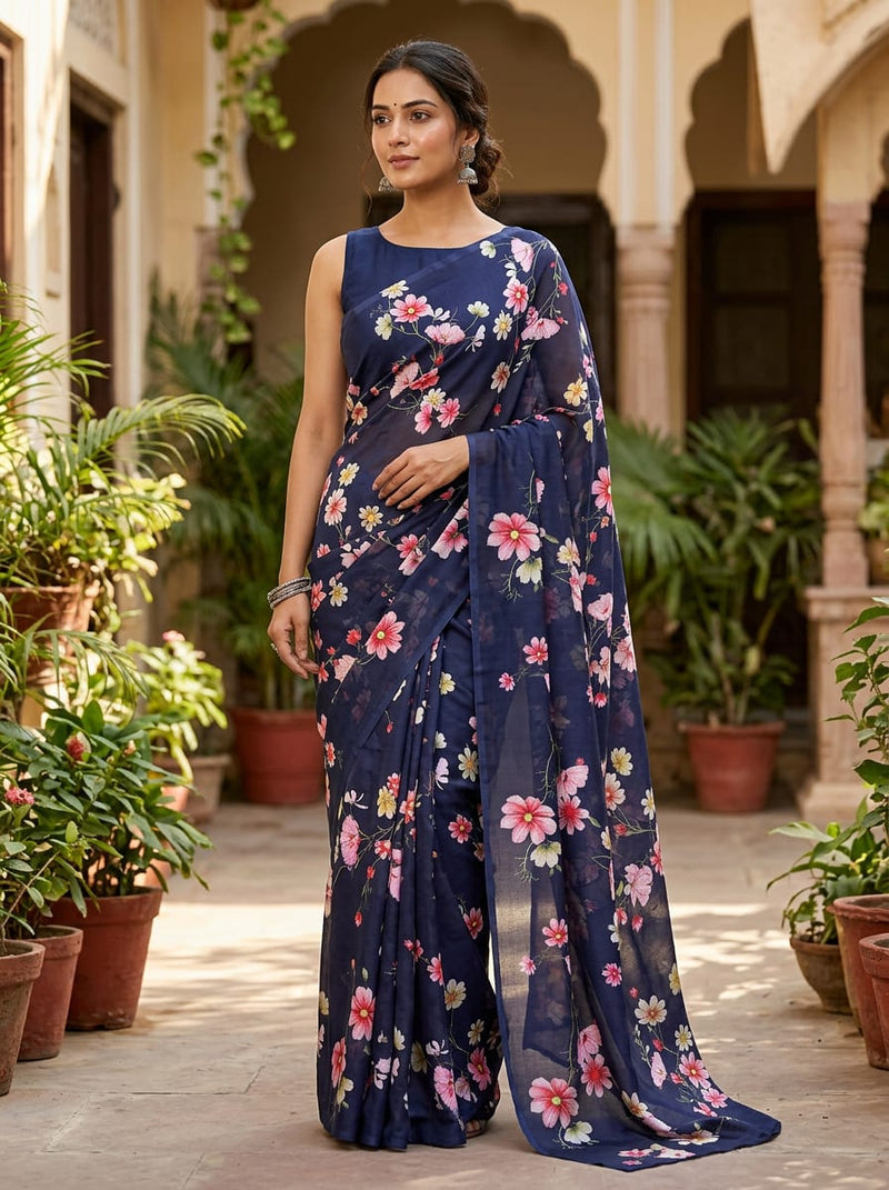 Navy Blue Dainty Cosmos Floral Kora Silk Digital Printed Fabric