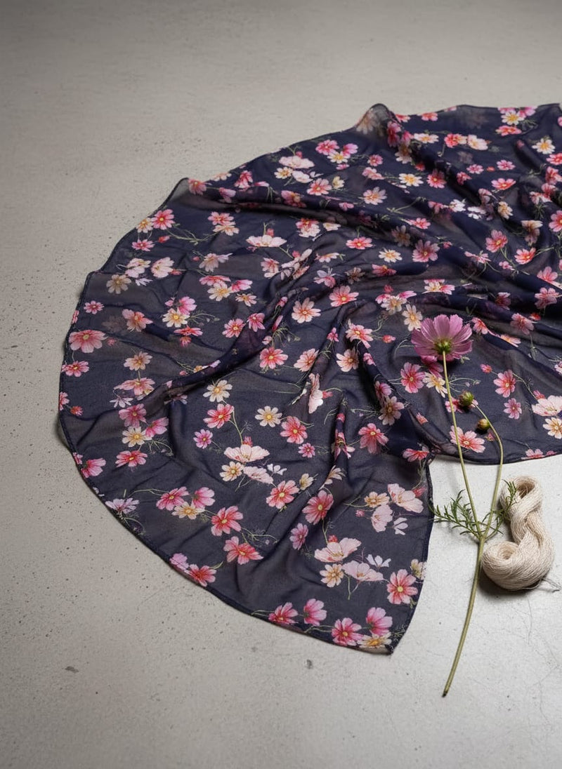 Tiny Colorfull Orchids Floral With Blue Background Digital Printed Fabric - Weightless