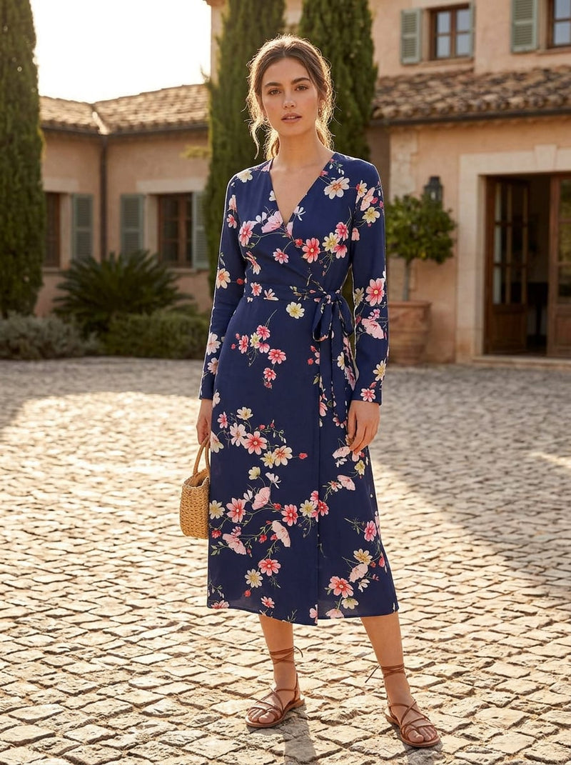 Navy Dainty Cosmos Floral Silk Crepe Digital Printed Fabric