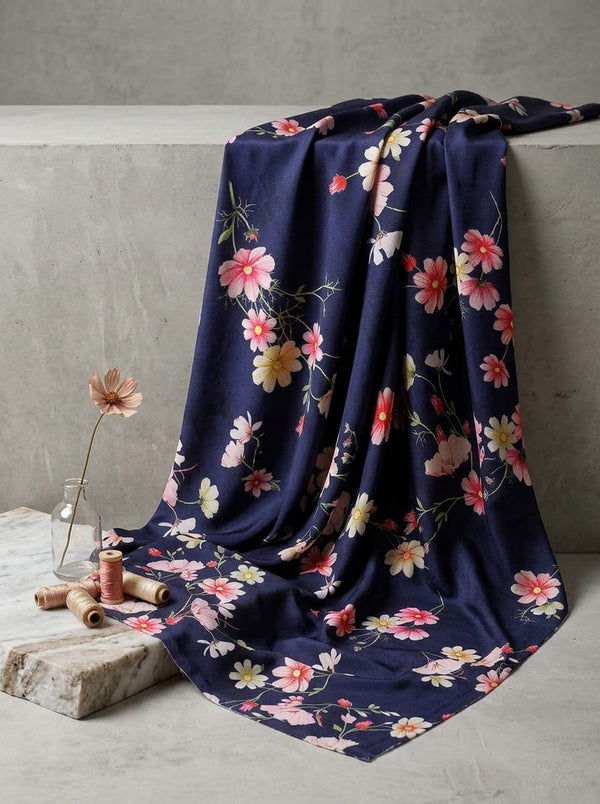 Navy Dainty Cosmos Floral Silk Crepe Digital Printed Fabric - Fabric Editorial Studio Flatlay Lookbook - CR-0-TA07814P1-110