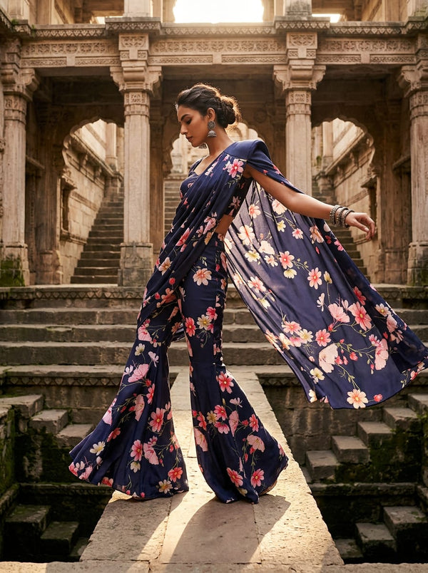Navy Dainty Cosmos Floral Silk Crepe Digital Printed Fabric - Draped Cape with Flared Pants Lookbook - CR-0-TA07814P1-110 - alternate view