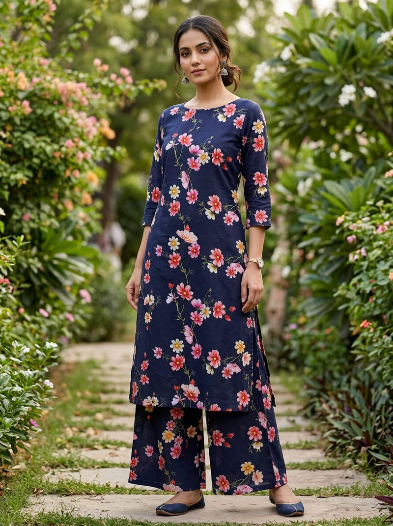 Navy Dainty Cosmos Floral Pure Cotton Digital Printed Fabric