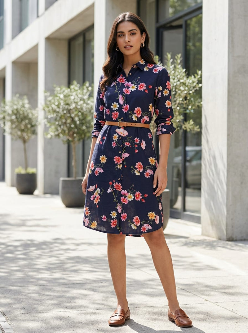 Navy Dainty Cosmos Floral Pure Cotton Digital Printed Fabric