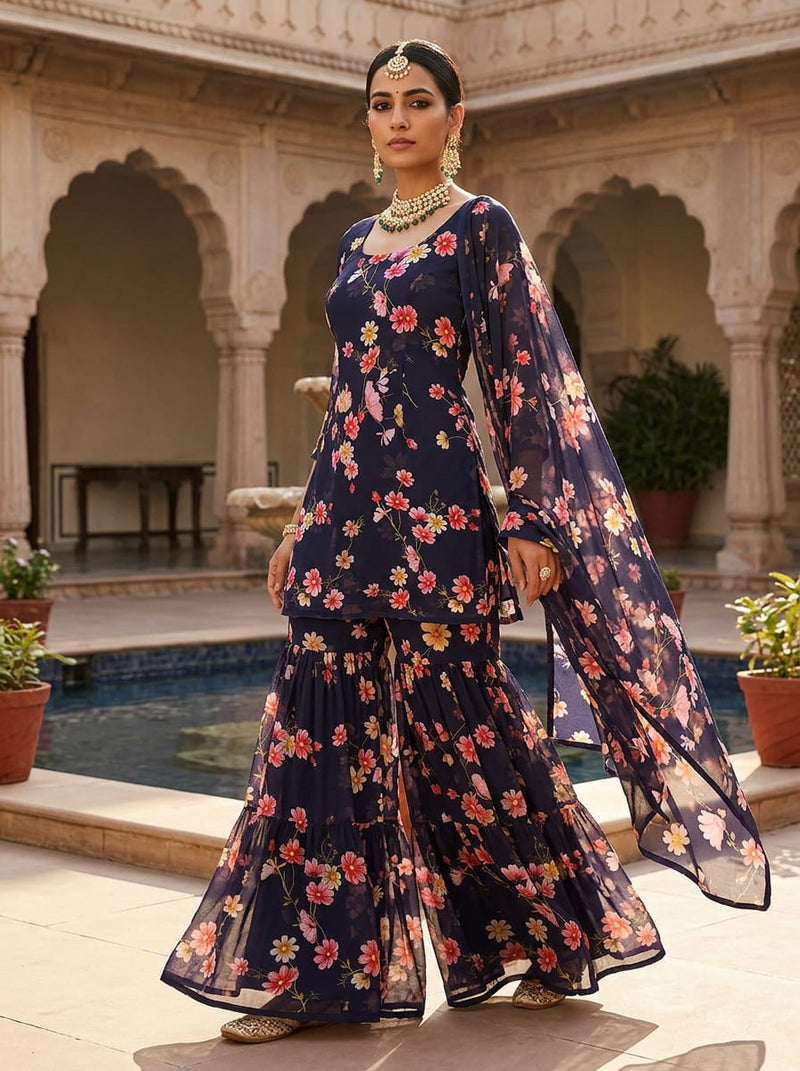 Navy Dainty Cosmos Floral Pure Georgette Digital Printed Fabric