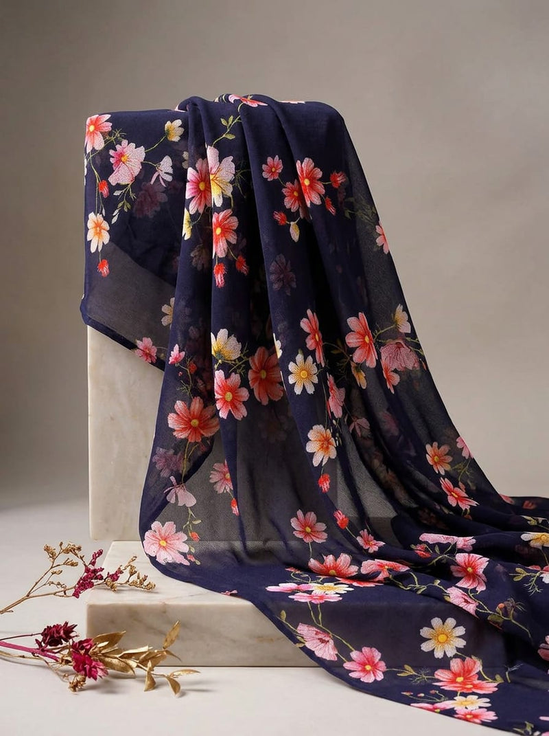 Navy Dainty Cosmos Floral Pure Georgette Digital Printed Fabric