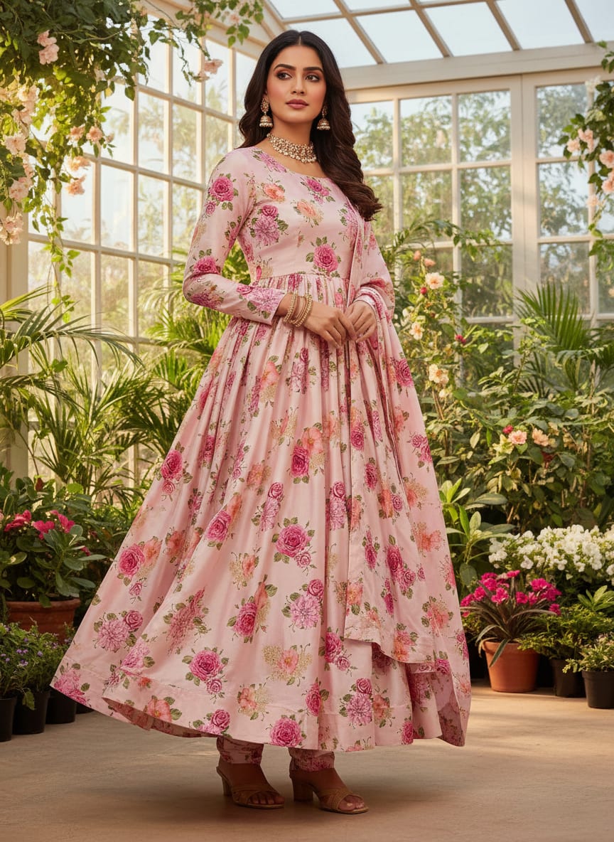 Simple And Beautiful Roses With Pink Lotus Digital Printed Fabric - Japan Satin