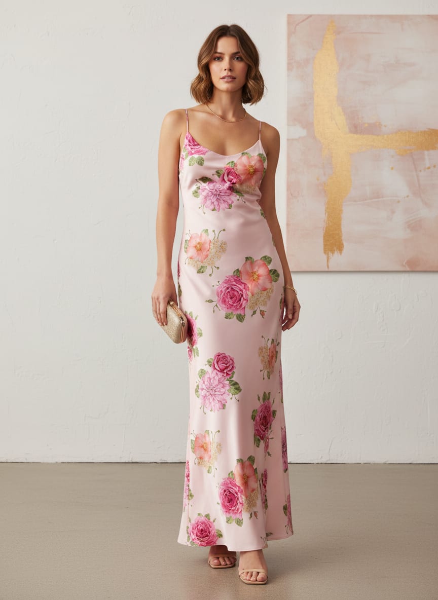 Simple And Beautiful Roses With Pink Lotus Digital Printed Fabric - Japan Satin