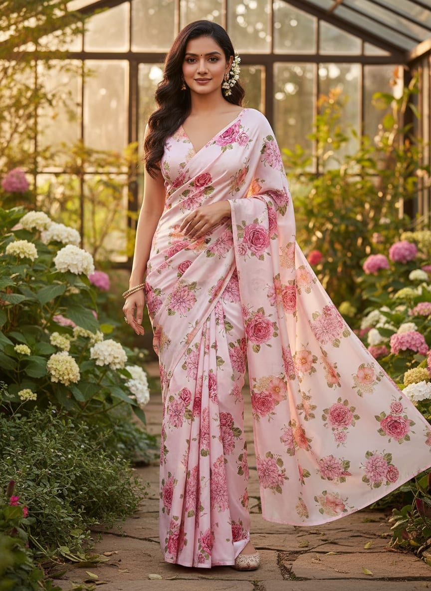 Simple And Beautiful Roses With Pink Lotus Digital Printed Fabric - Japan Satin