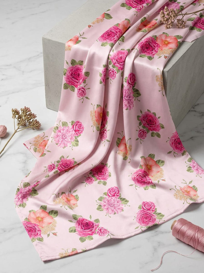 Pink Rose and Dahlia Floral Bouquet Japan Satin Digital Printed Fabric