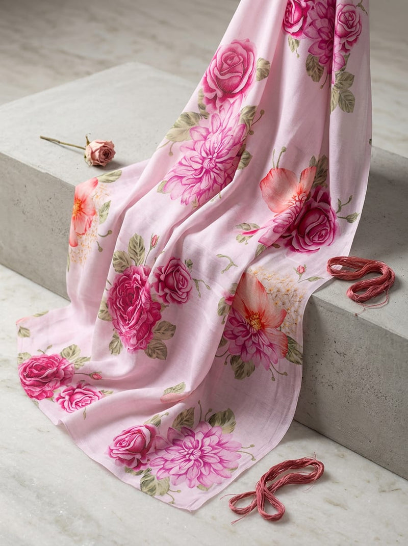 Pink Lush Botanical Floral Bloom Muslin Digital Printed Fabric