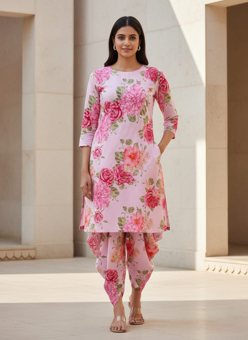 Simple And Beautiful Roses With Pink Lotus Digital Printed Fabric - Pure Cotton