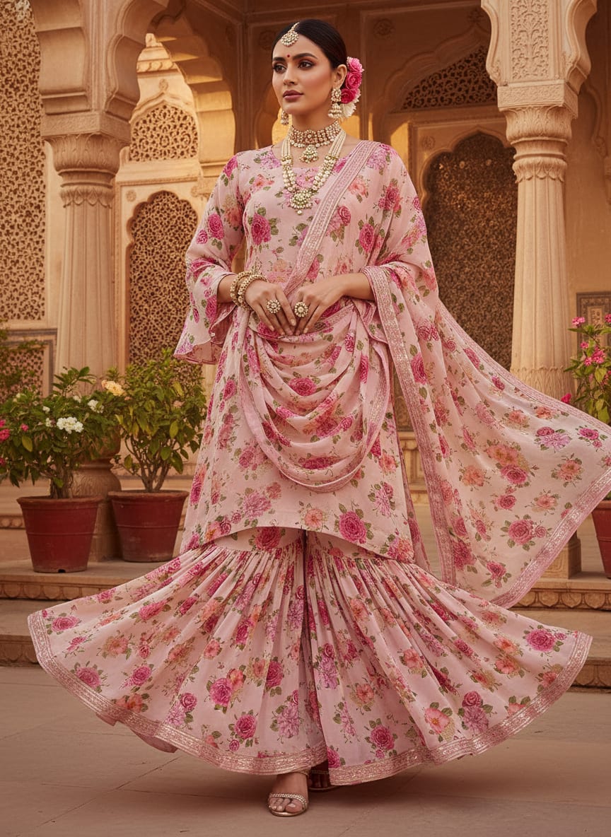 Simple And Beautiful Roses With Pink Lotus Digital Printed Fabric - Pure Georgette