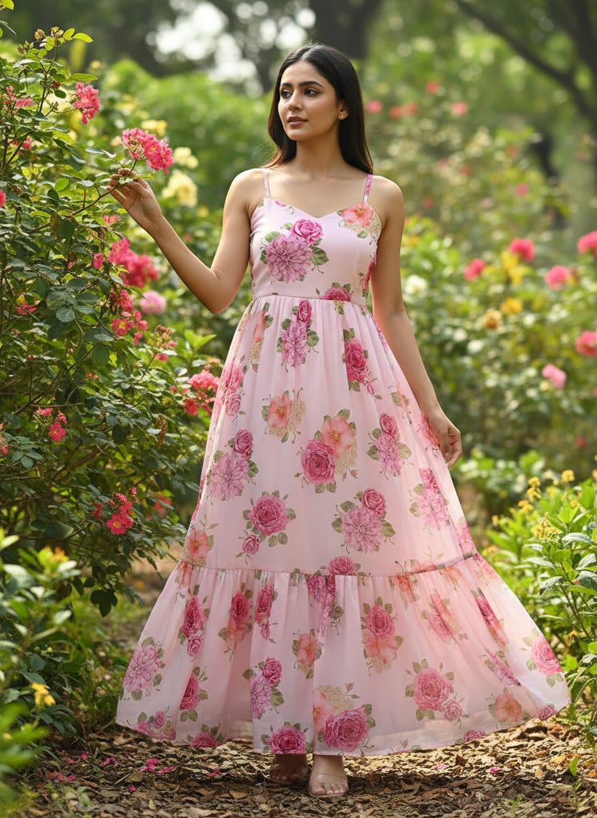 Simple And Beautiful Roses With Pink Lotus Digital Printed Fabric - Pure Georgette