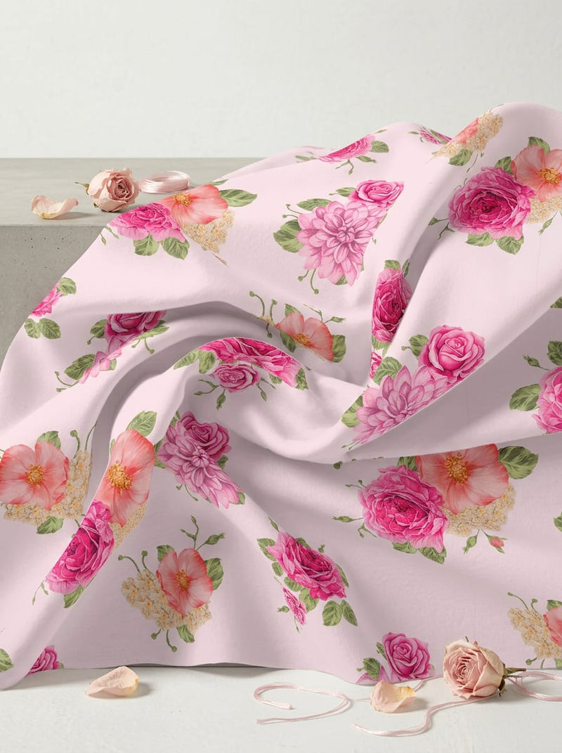 Pink Watercolor Rose and Dahlia Floral Pure Georgette Digital Printed Fabric