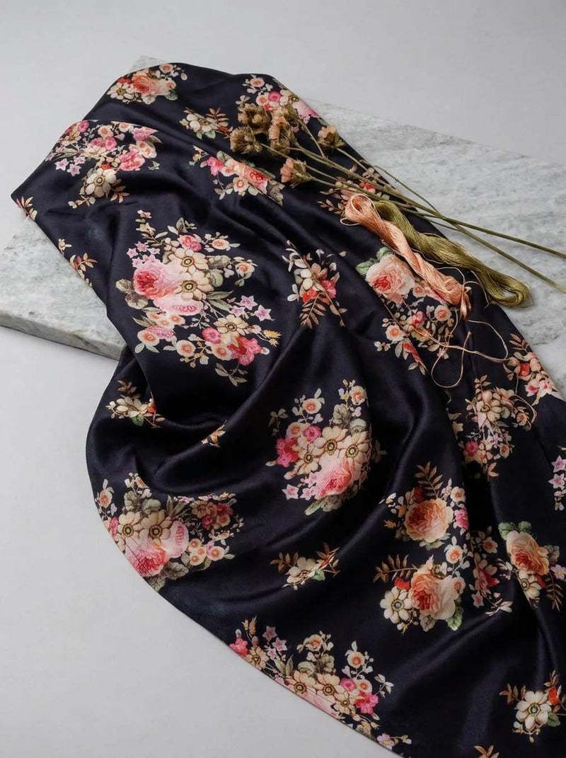 Black Vintage Floral Bouquet Japan Satin Digital Printed Fabric